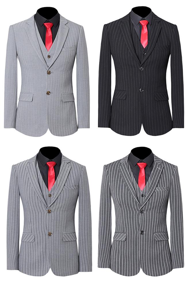 2021 New Men's Three Piece Suit Men's Korean Slim Business Dress Vertical Stripe Side Differential Two Buttons