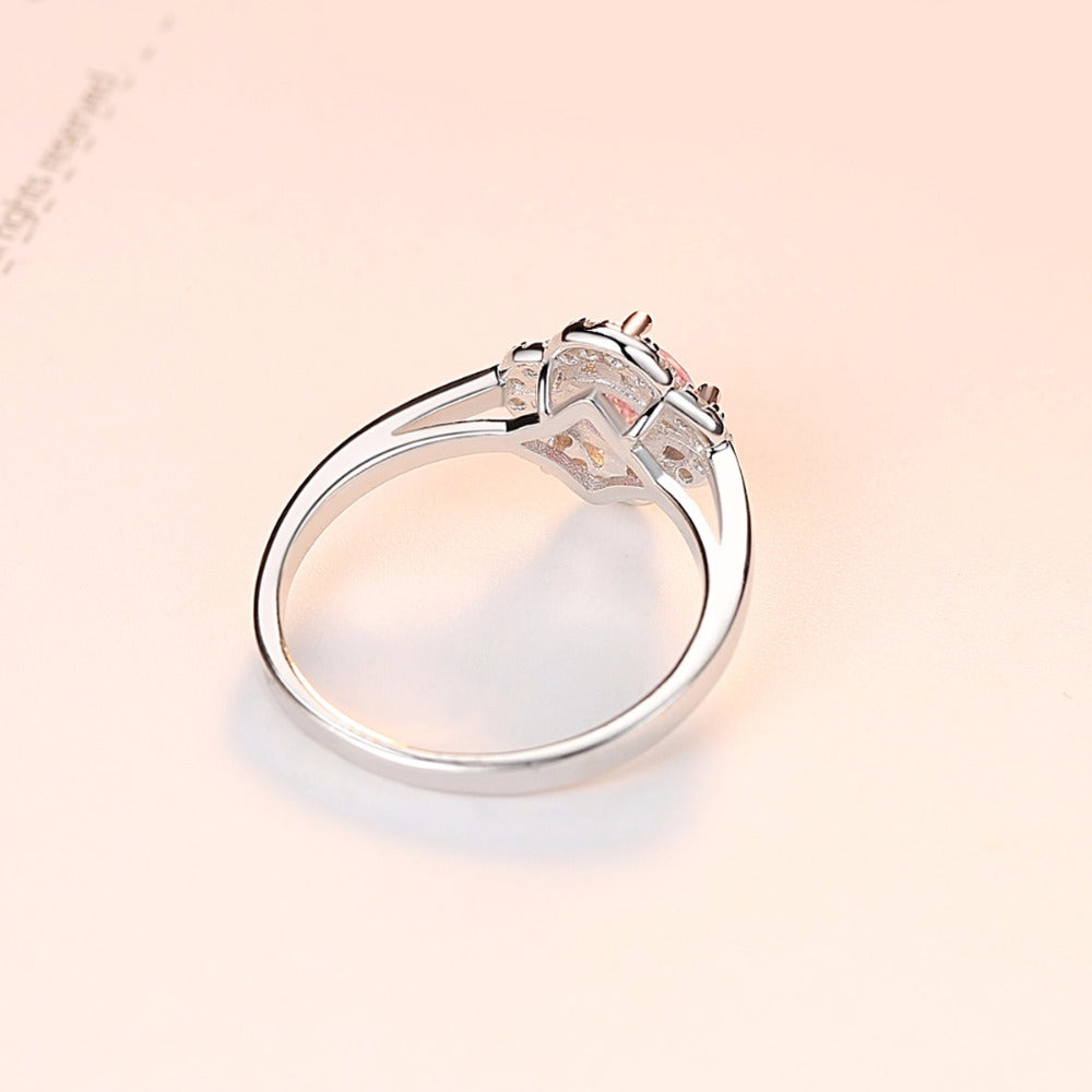 Womens 925 silver flower shape wedding ring with clear pink zircon crystal stone