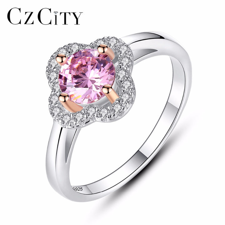 Womens 925 silver flower shape wedding ring with clear pink zircon crystal stone