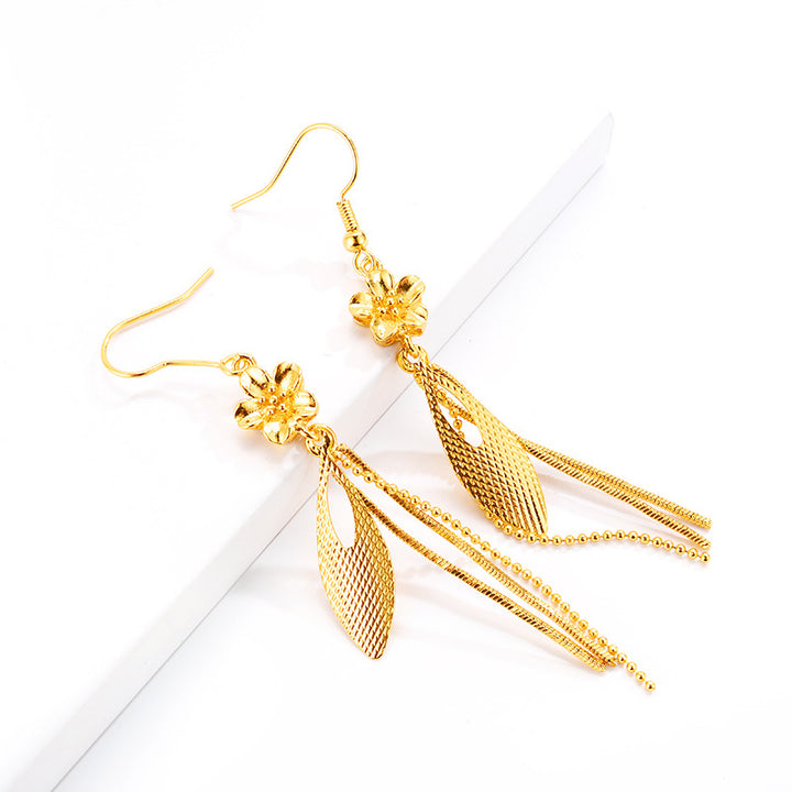 Fashion 14k gold elegant long tassel earrings womans leaf shape Jewelry