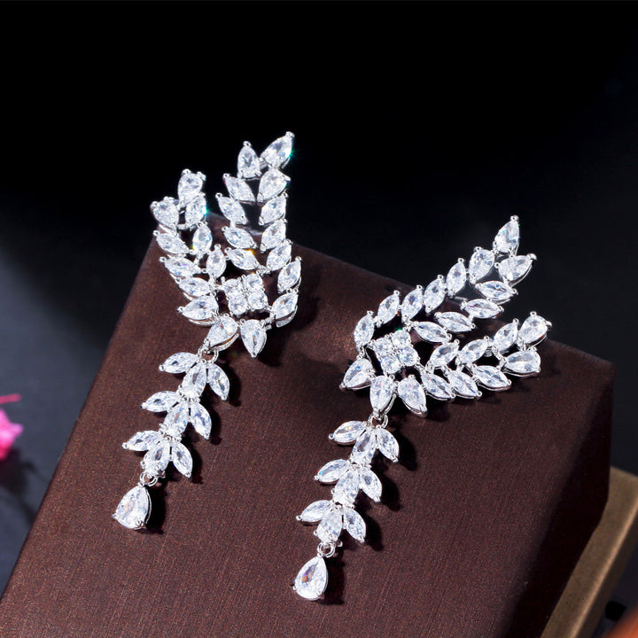 Copper White Silver Women Long Leaf Marquise Cut Cubic Zirconia Earrings