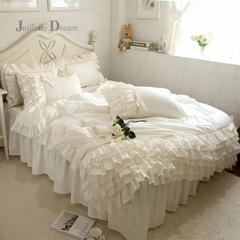 Luxury European queen beige ruffle lace duvet bedcovers