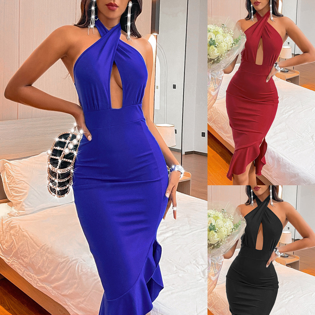 Women low cut halter solid nude dress push up spandex tight stretch mini