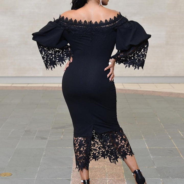 New fashion off shoulder lace slim fit elegant evening dress puff sleeve