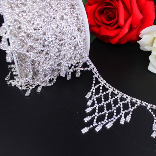 1 Yard Handmade Silver Sewing Tassel Fringe DIY Sew on Trimming Bridal Crystal Clear Rhinestone Patch Appliques for Bridal Dress