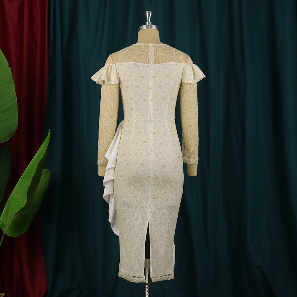 Women cold shoulder long sleeve sheer lace ruffle jacquard dress