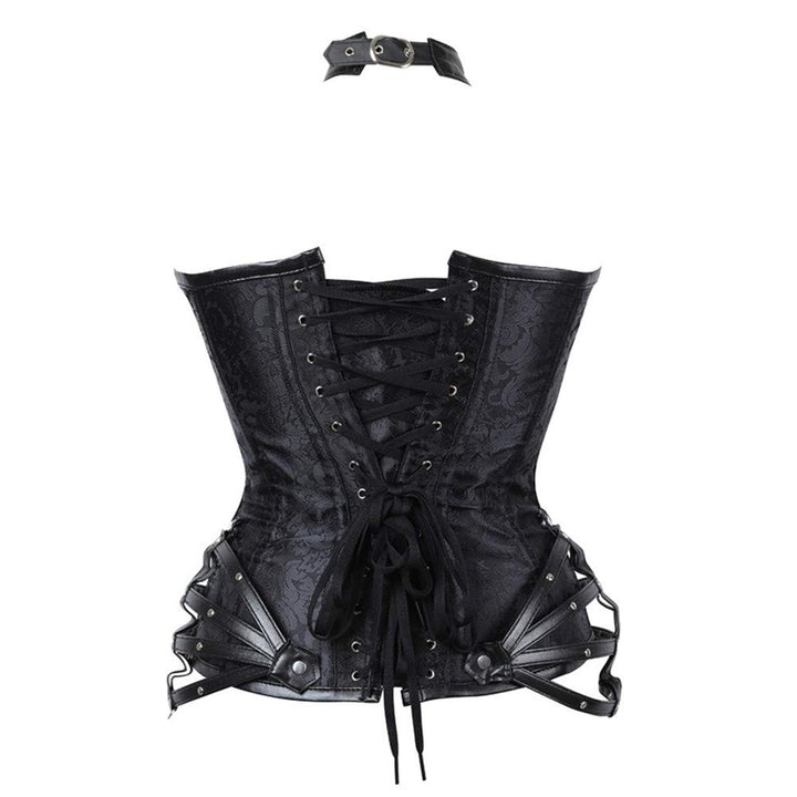 Womens steel boned lace up top zipper jacquard back ribbon corset