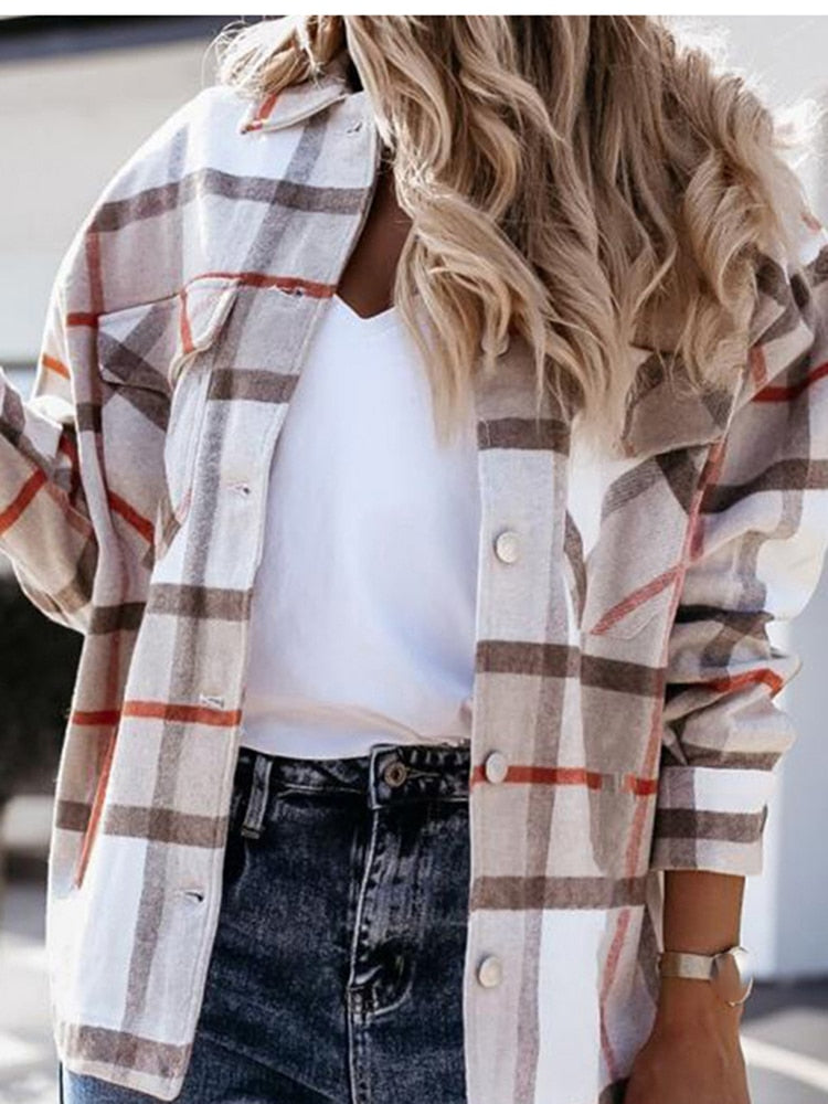 Autumn Winter 2021 Women Top Button Jacket Coat Fashion Casual Vintage Plaid Elegant Single Breasted Long Sleeve Outerwear Tops