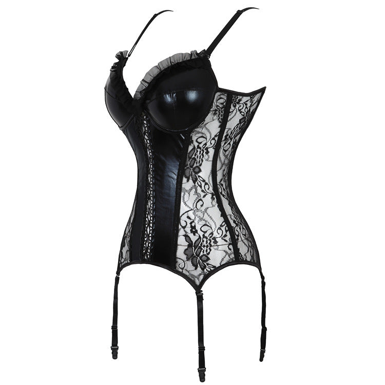 Women mesh jacquard top lace plus size push up gothic leather corset with panty