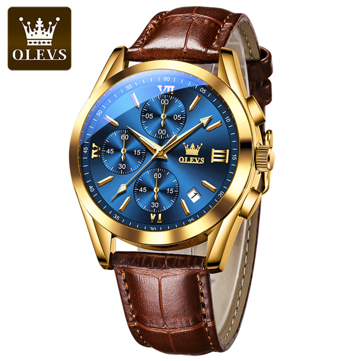 Blu ray glass three eye belt quartz mens watch