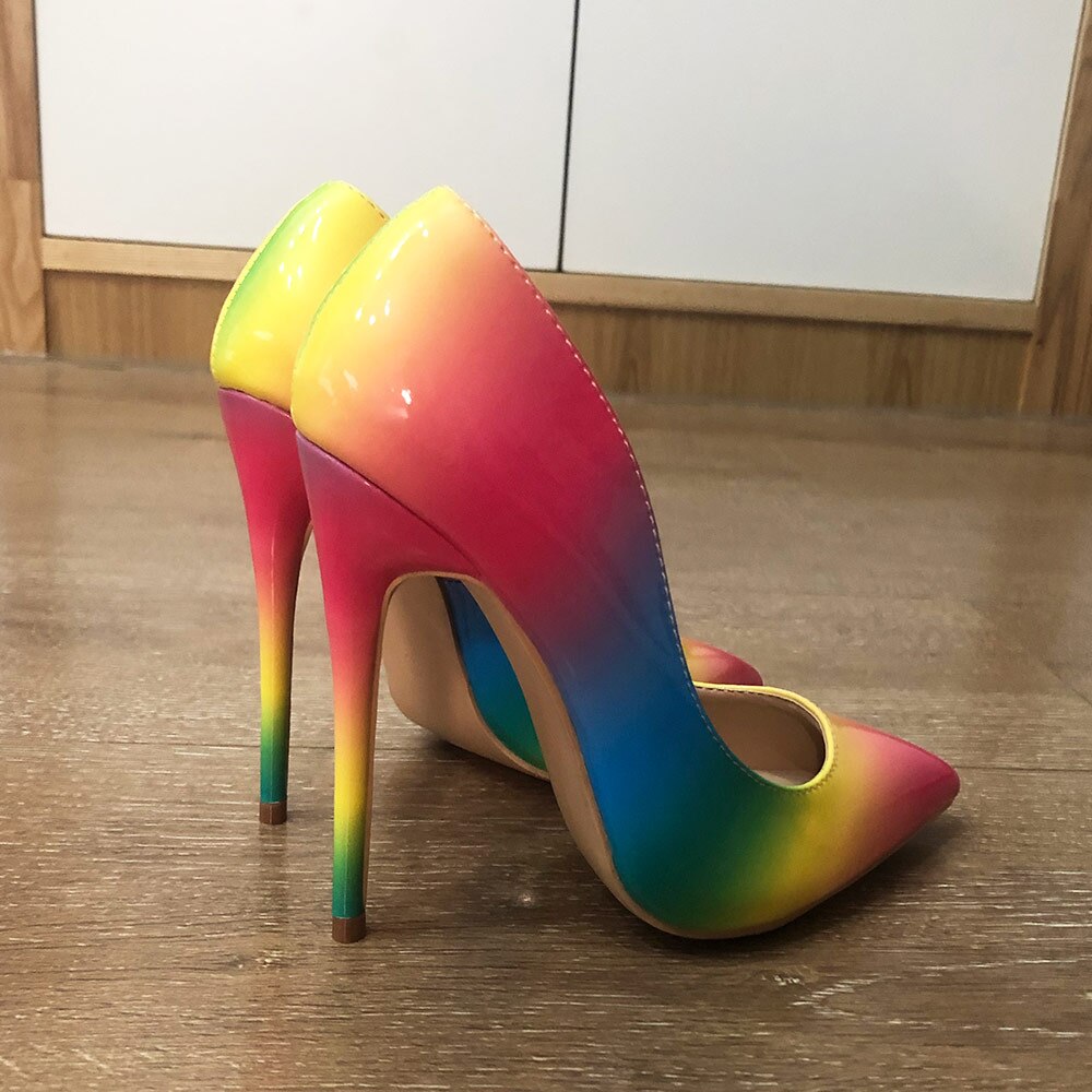 Veowalk Rainbow Colorful Patent Leather Women Sexy Stiletto Extemely High Heels, Fashion Pointed Toe Pumps Party Shoes