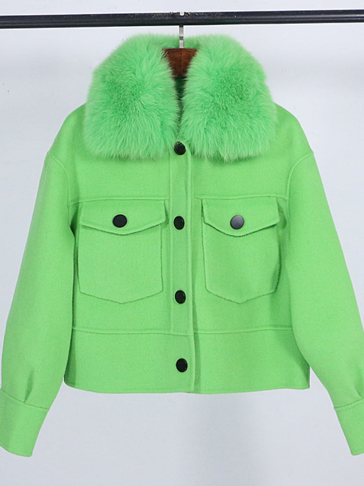 Wool blend womens winter jacket real fur collar pockets outwear