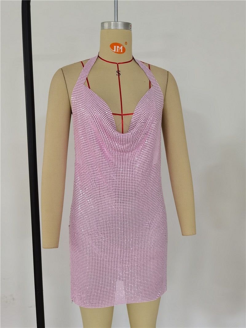 Crystal metal halter shining womens mini dress beach sequin
