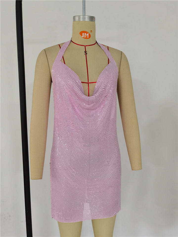 Crystal metal halter shining womens mini dress beach sequin