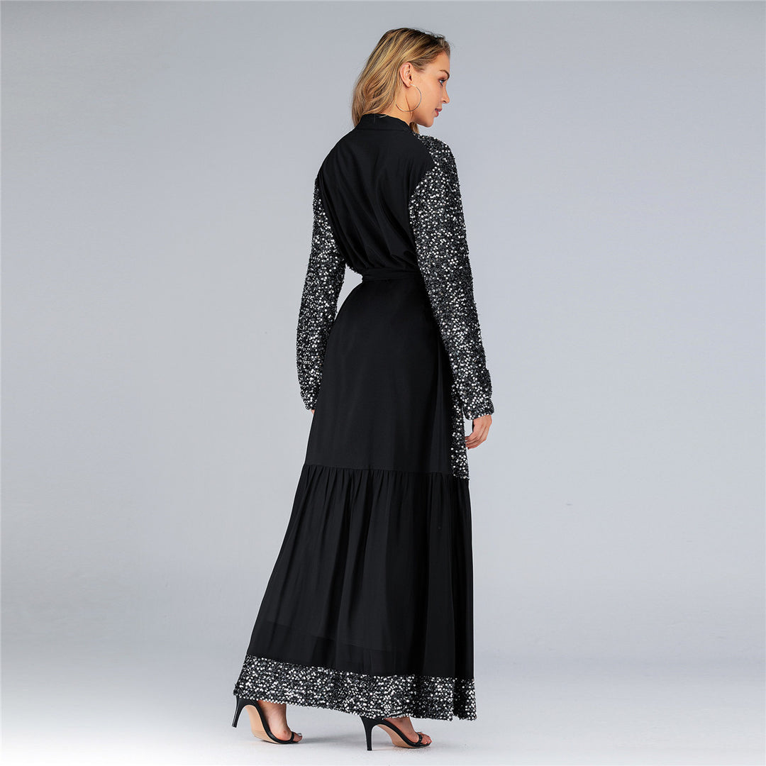 Sequins black kaftan kimono cardigan muslim hijab dress