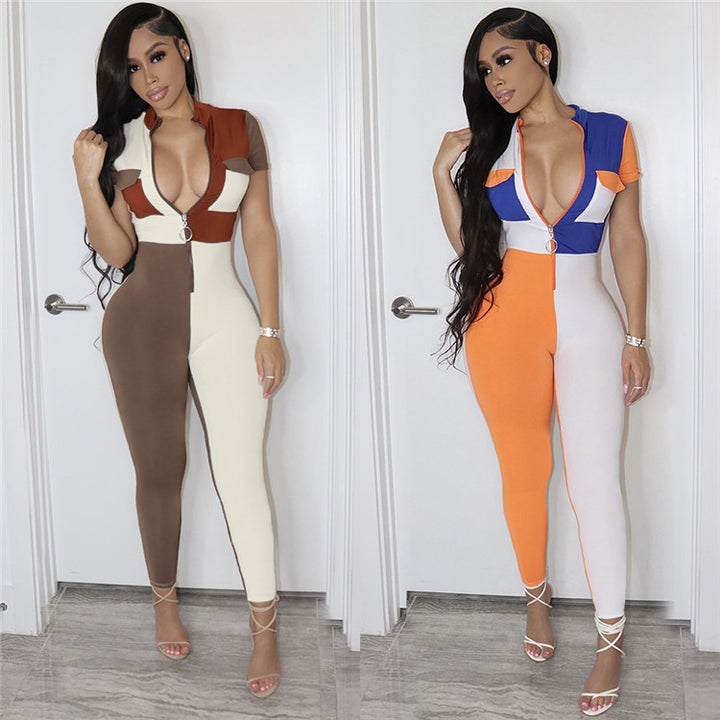 Fashion colored patchwork womens rompers jumpsuit