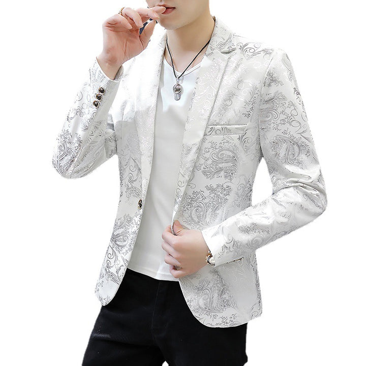 Men Blazer Suit Printed Slim Lapel Collar Casual Mens Suit Thin Jacket Youth Costumes