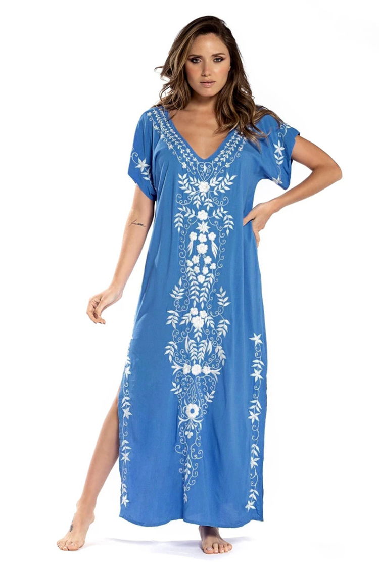 Women Maxi Dress Loose Cover Up Short Sleeve v Neck Side Split