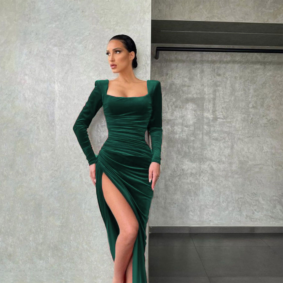 Velvet fashion elegant square neck slit high waist women dress