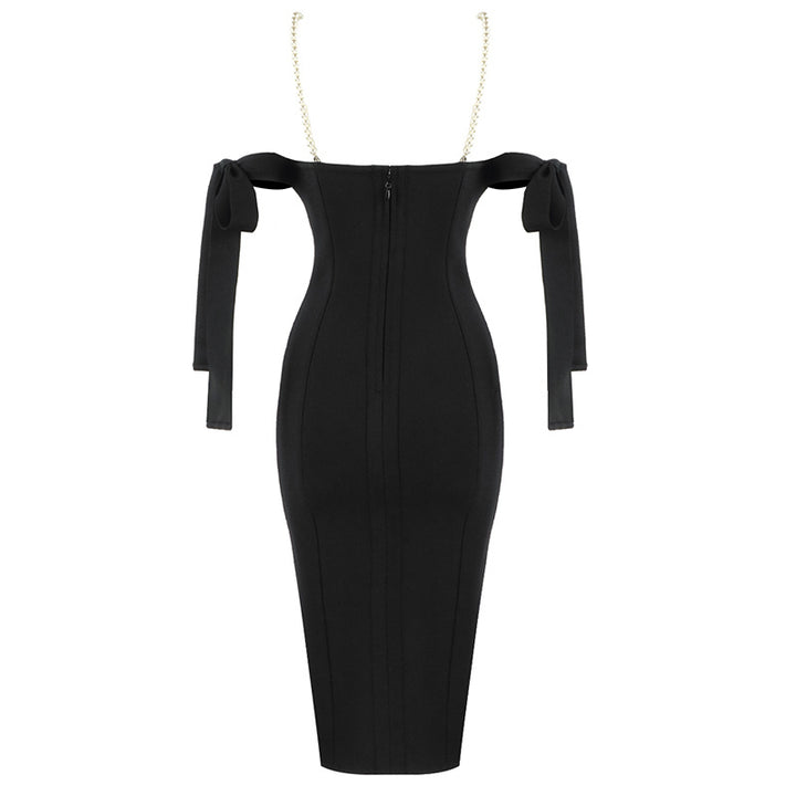 Womens black off shoulder pearl strap low cut dress midi