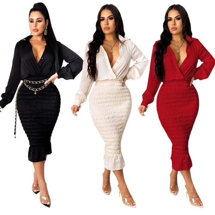 New party ball dress v neck long sleeve womens slim elegant clothes