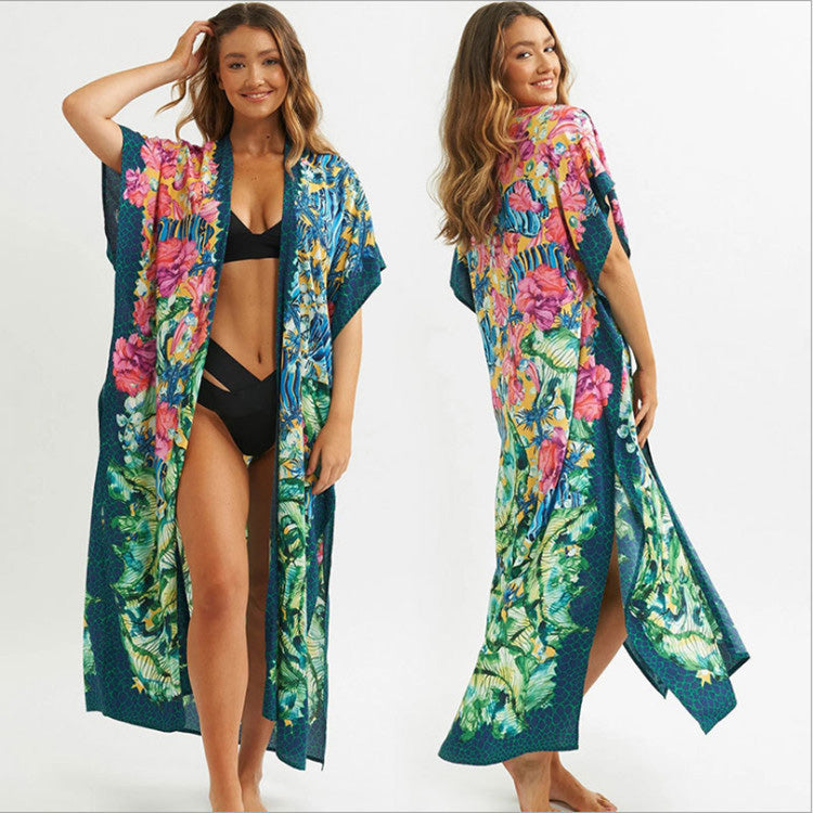 Kimono beach casual floral print long cardigan chifong womens dress cover