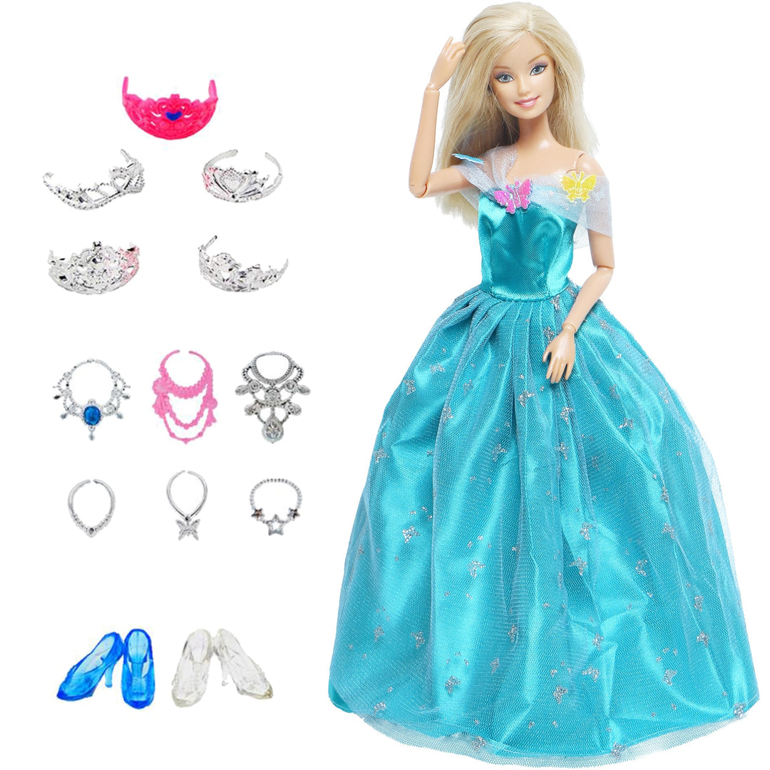 14 Pcs / Lot = 1x Fairy Tale Doll Dress + 13x Random Accessories Shoes Handbag Glasses Clothes for Barbie Doll Baby Girl Toys