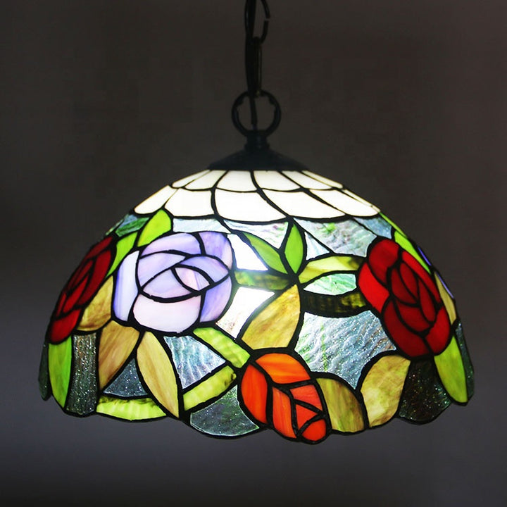 LongHuiJing 1 Light Rose Hanging Chandelier Tiffany Style Red Green Stained Glass Pendant Lamp 12Inch Wide