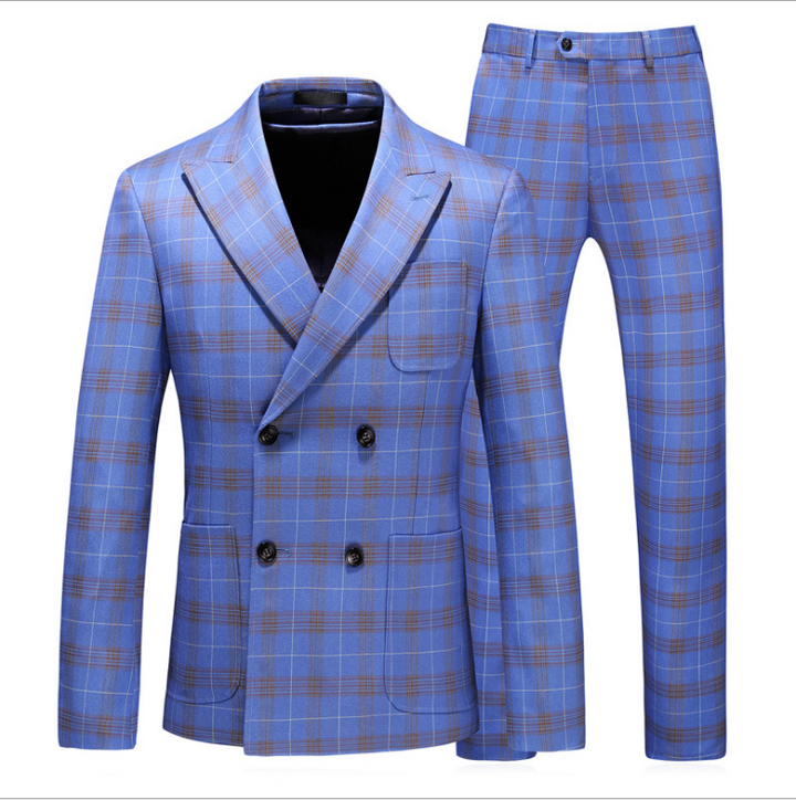 Double Breasted Plaid Suit for Men Light Blue Mens Suits 2021 Slim Fit Masculino Groom Wedding Suit Man