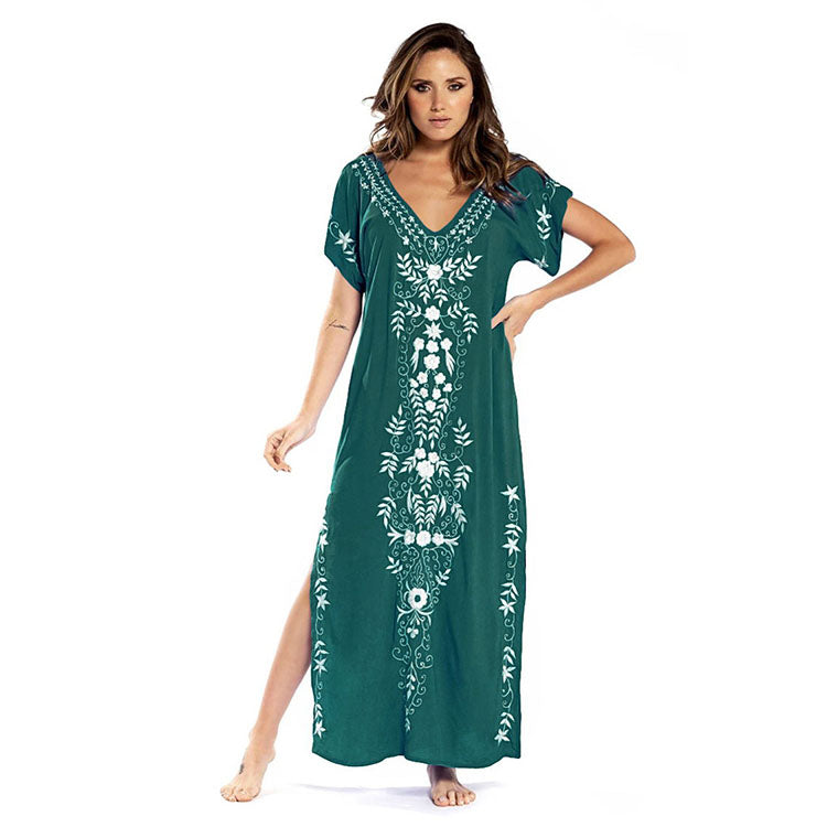 Women Maxi Dress Loose Cover Up Short Sleeve v Neck Side Split