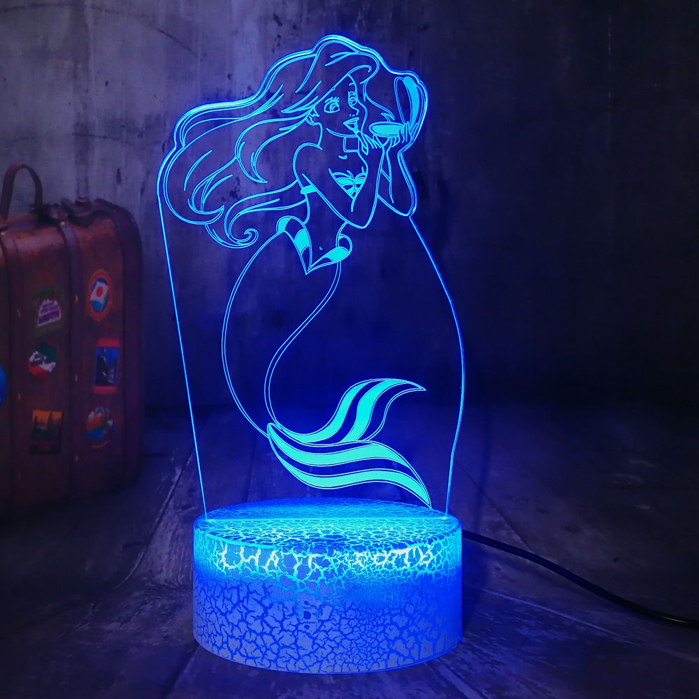 Remote control crack base mermaid ariel usb touch 7 colors 3d led décor lamp