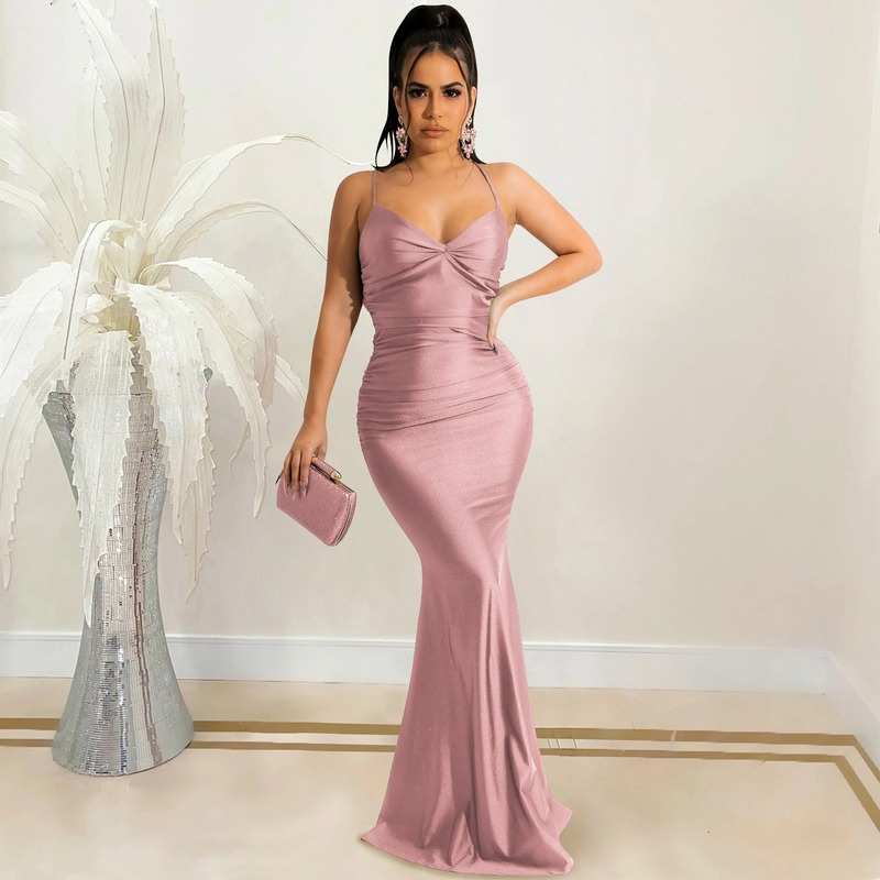 Women satin long midi dress sleeveless backless elegant party