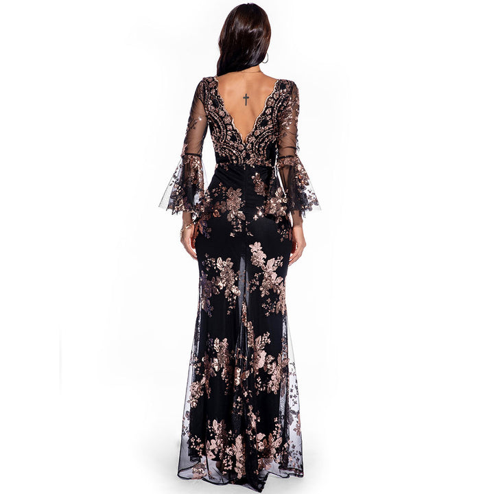 Classy long sleeves bridal lace elegant party sequin evening dress