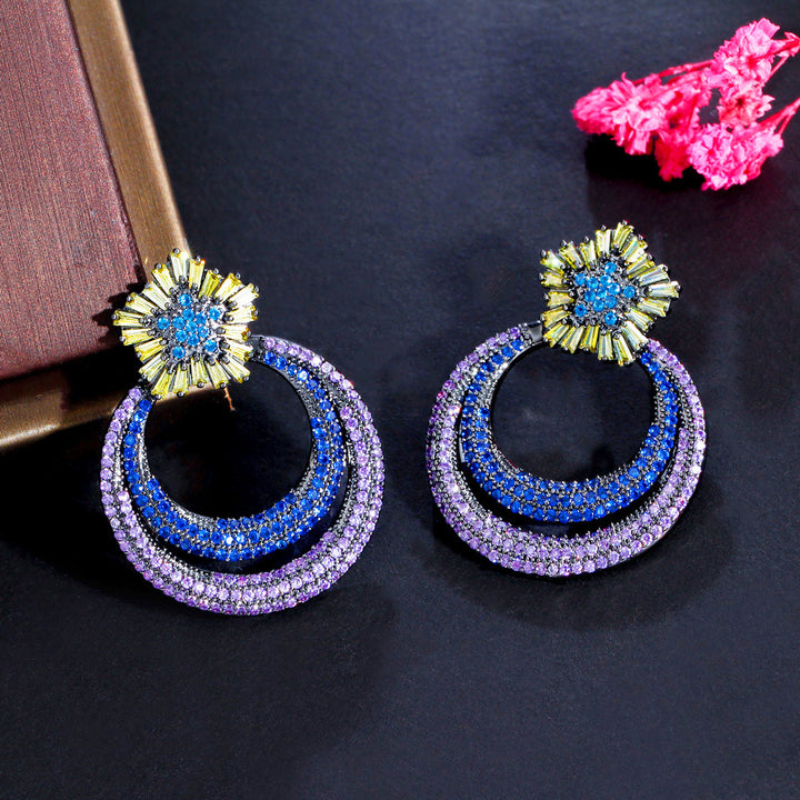 Double round drop micro inlay blue purple cubic zircon crystal earring jewelry