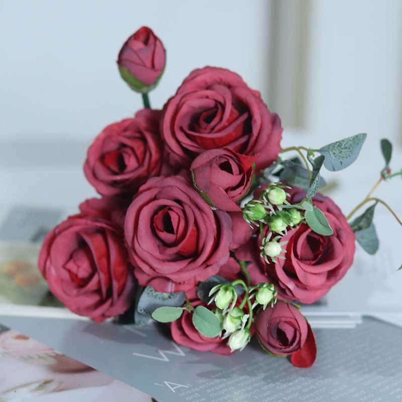 Beautiful artificial roses with 3 buds silk flower wedding decor wreath accessories