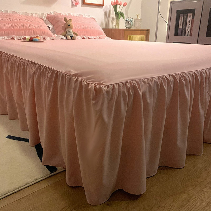 Pink ruffled soft lightweight down duvet cover  bedskirt pillowcases set