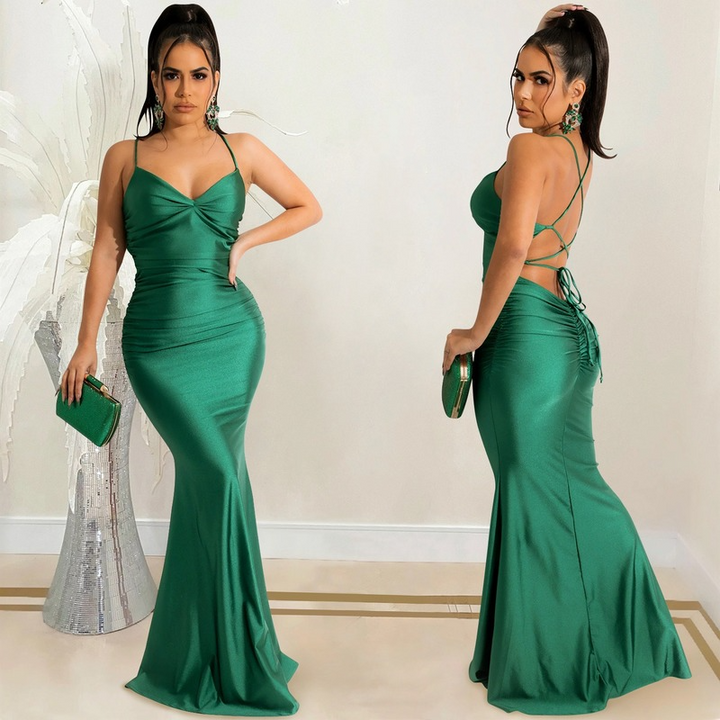 Women satin long midi dress sleeveless backless elegant party