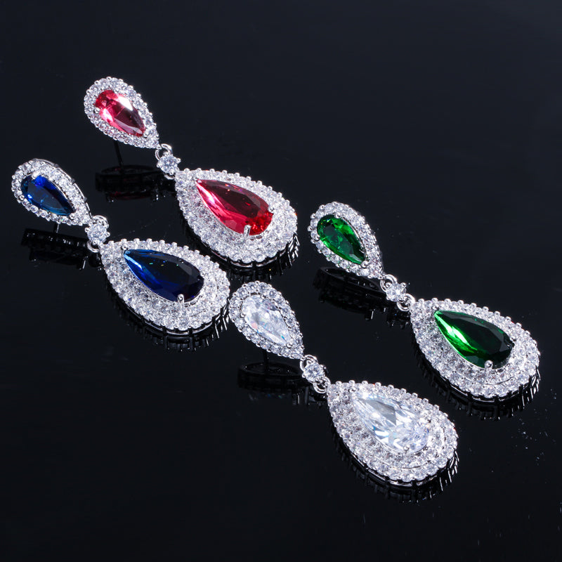 Teardrop cubic zirconia crystal royal green water drop earings luxury wedding jewelry