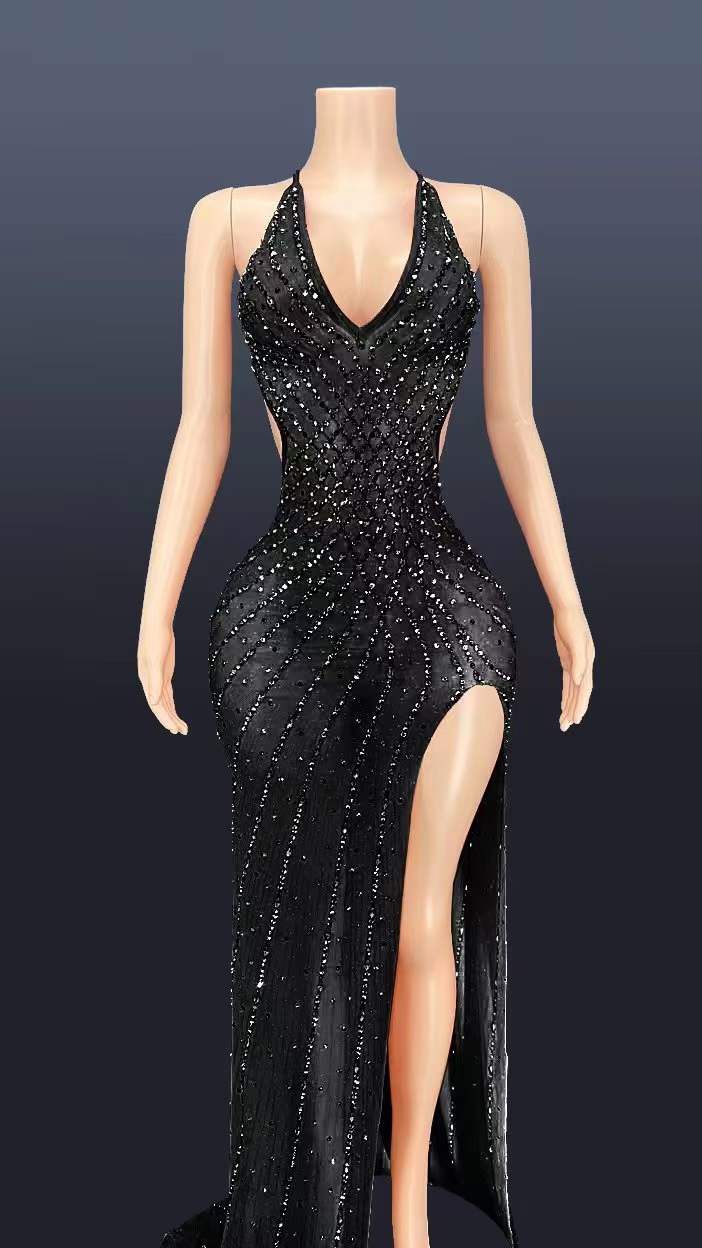 Fashion halter long dress elegant v neck sleeveless rhinestone high slit