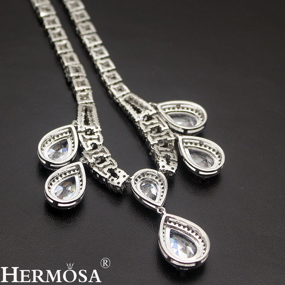 Brilliant white zircon 925 sterling silver necklace earrings bridal jewelry set