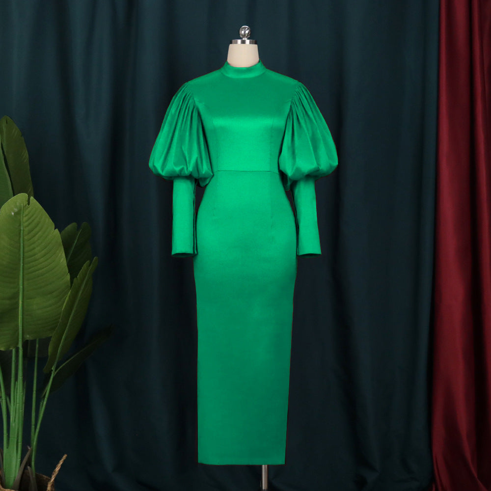 Elegant solid color casual women party dress evening green puff sleeve