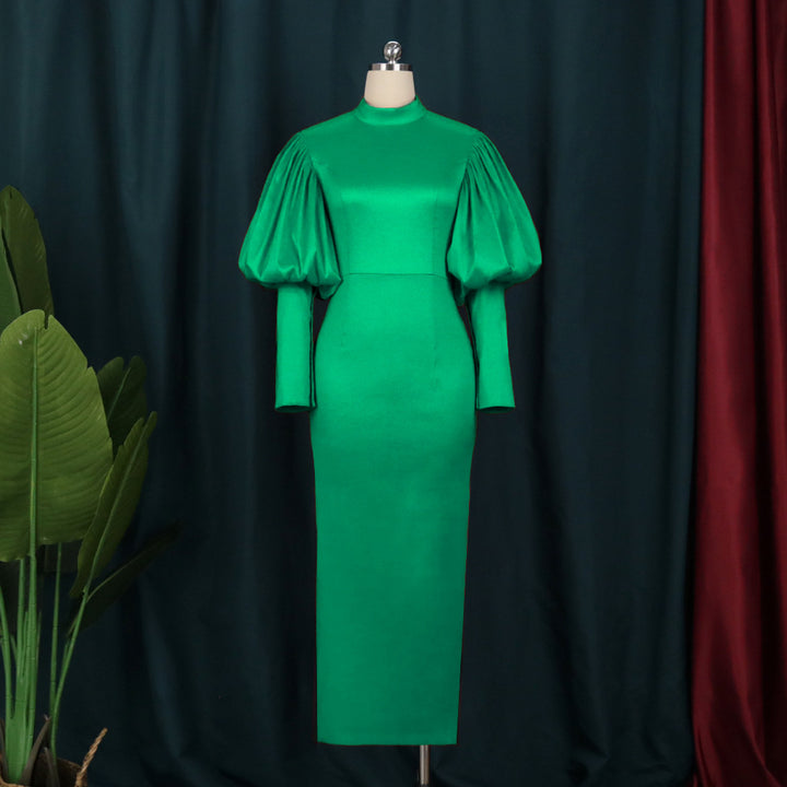 Elegant solid color casual women party dress evening green puff sleeve