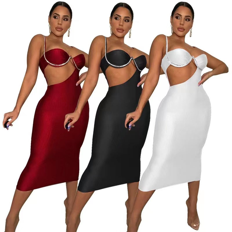 Elegant satin dress rhinestone straps women chic waist cut out bodycon