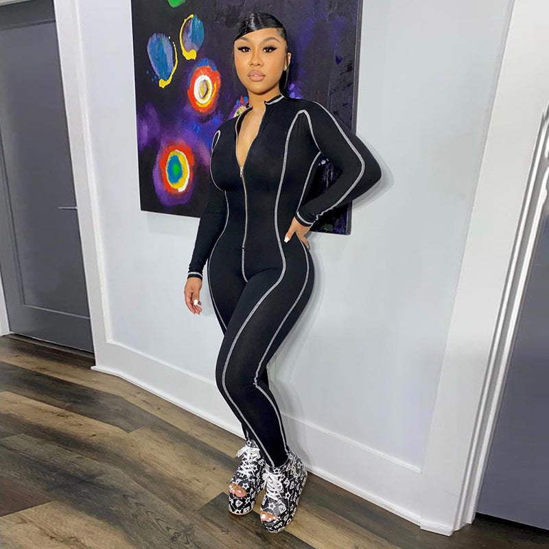 Womens zipper bodycon flatlock seam workout gym jumpsuit long sleeve legging