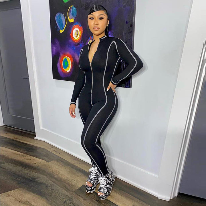Womens zipper bodycon flatlock seam workout gym jumpsuit long sleeve legging