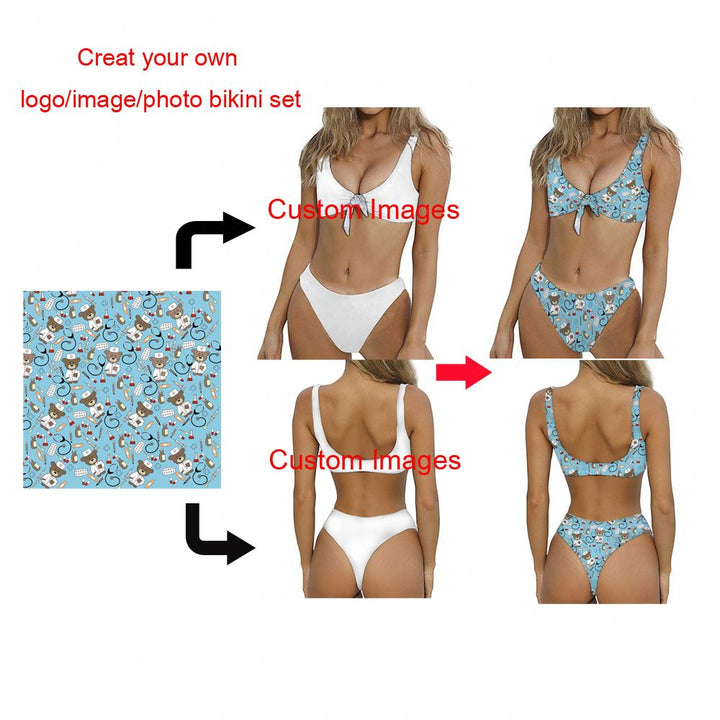Custom Logo Haitian Jamaican Flag Printed Sexy Bow Tie Two Piece Bikini Set High Waist Bikinis Woman Beach Swimwear for Women