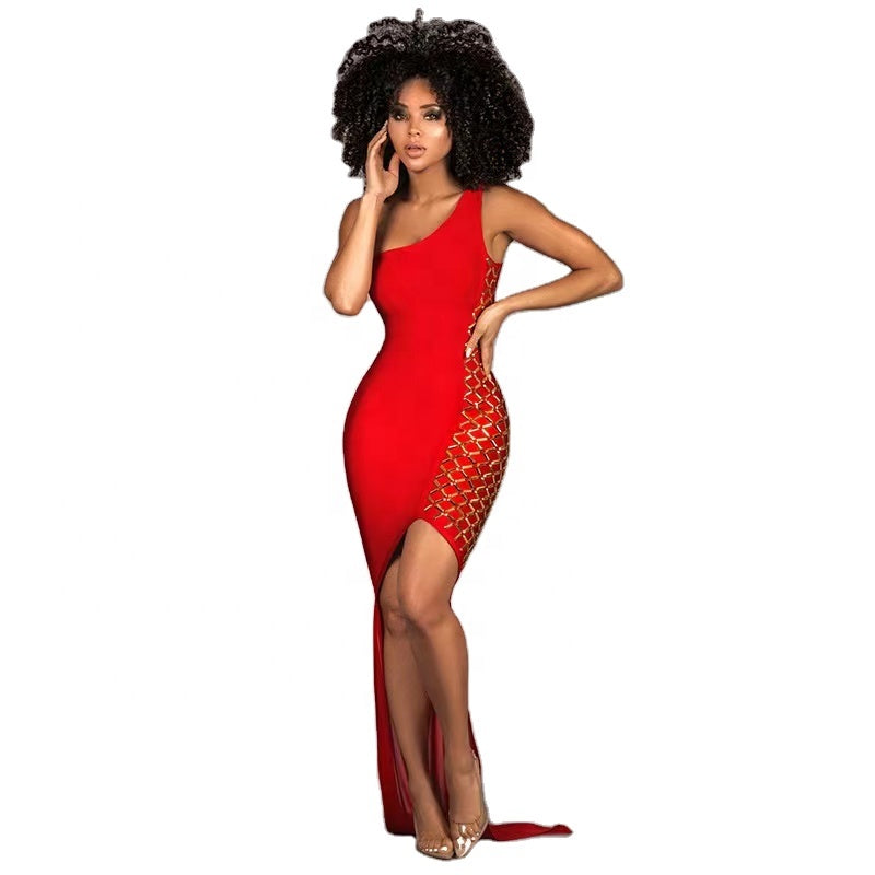 Women one shoulder beaded red mesh mermaid bodycon dress