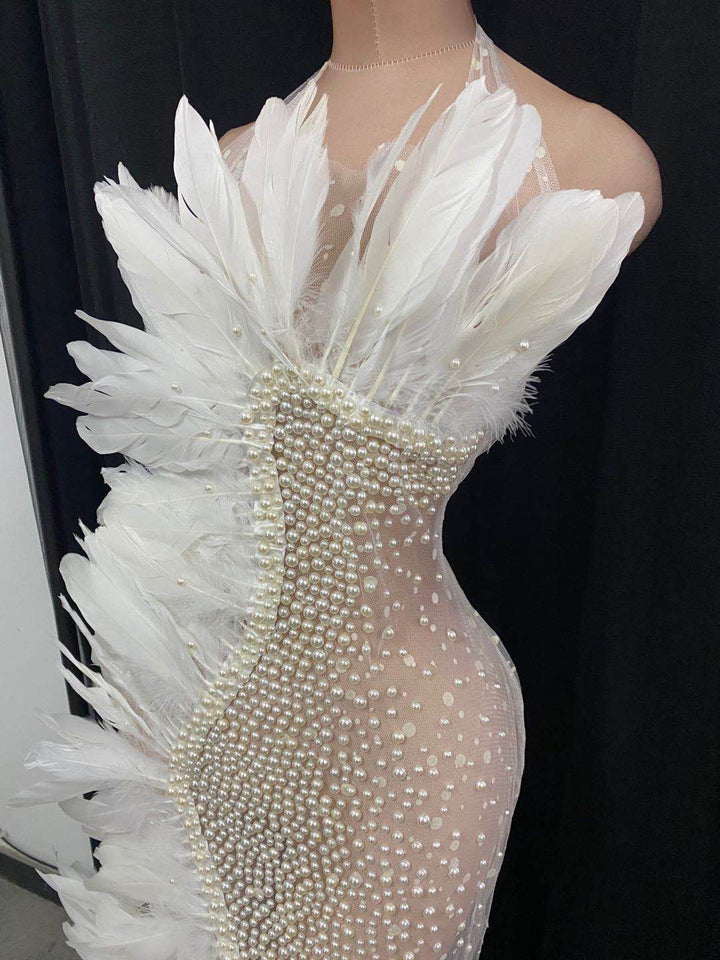 White feathers see through long women stage costume halter rhinestone