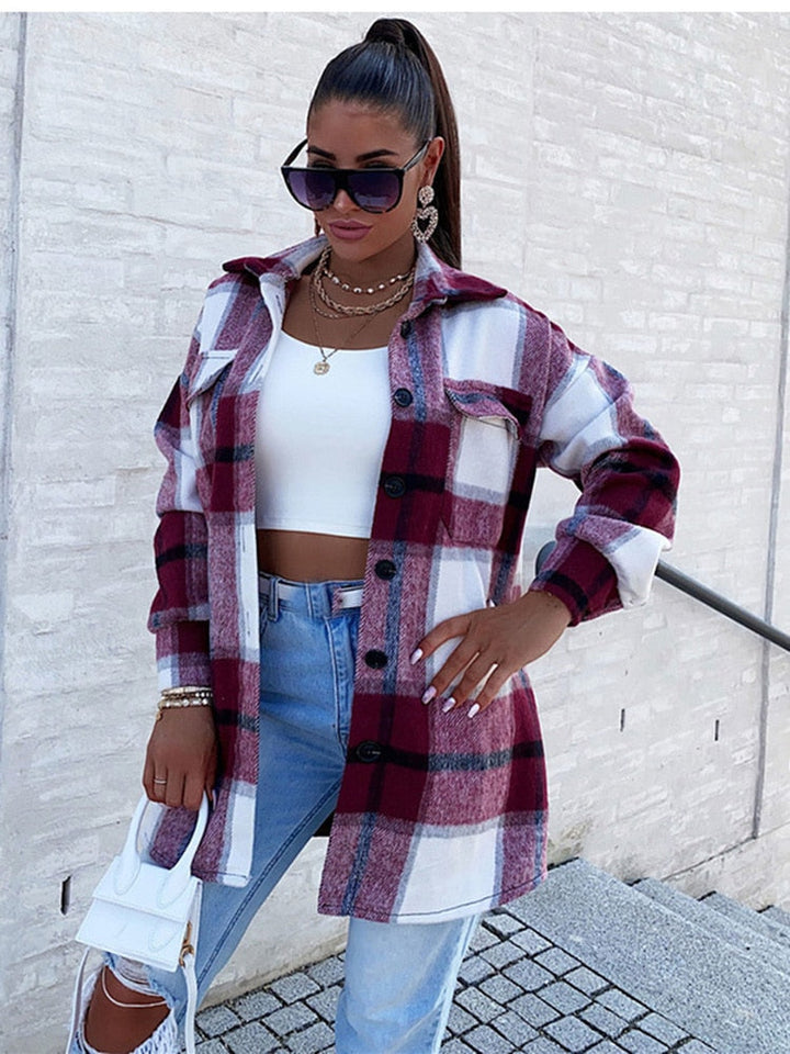 Autumn Winter 2021 Women Top Button Jacket Coat Fashion Casual Vintage Plaid Elegant Single Breasted Long Sleeve Outerwear Tops