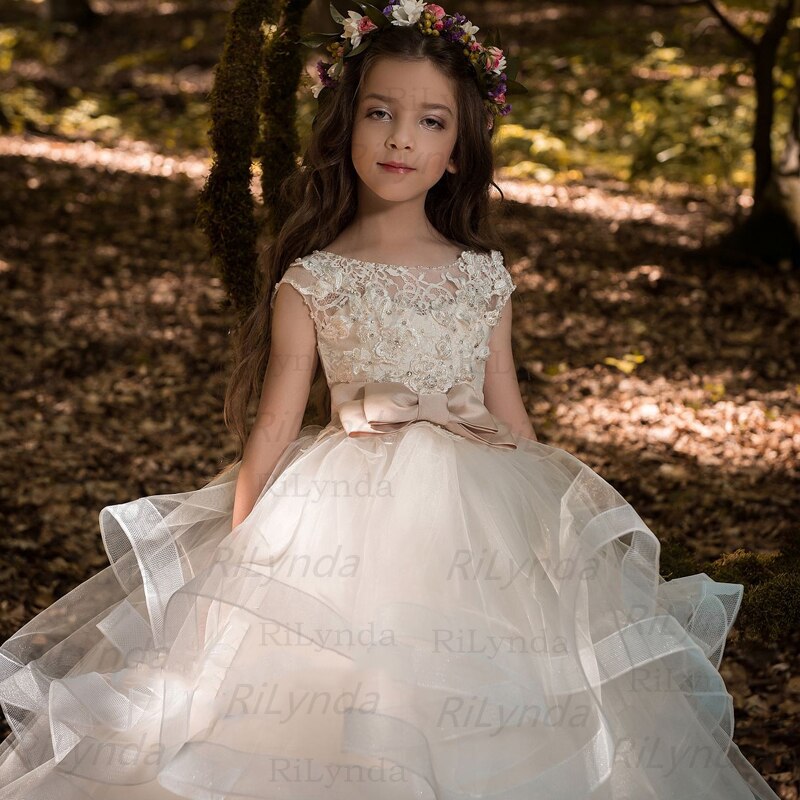 Flower Girl Dresses Tulle 2020 Beading Appliqued Pageant Dresses for Girls First Communion Dresses Kids Prom Dresses